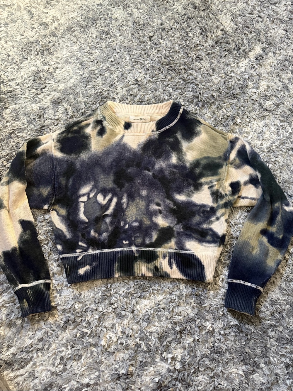 Natural Life Women’s Tie Dye Cropped Blue and cream Sweater Sz Small
